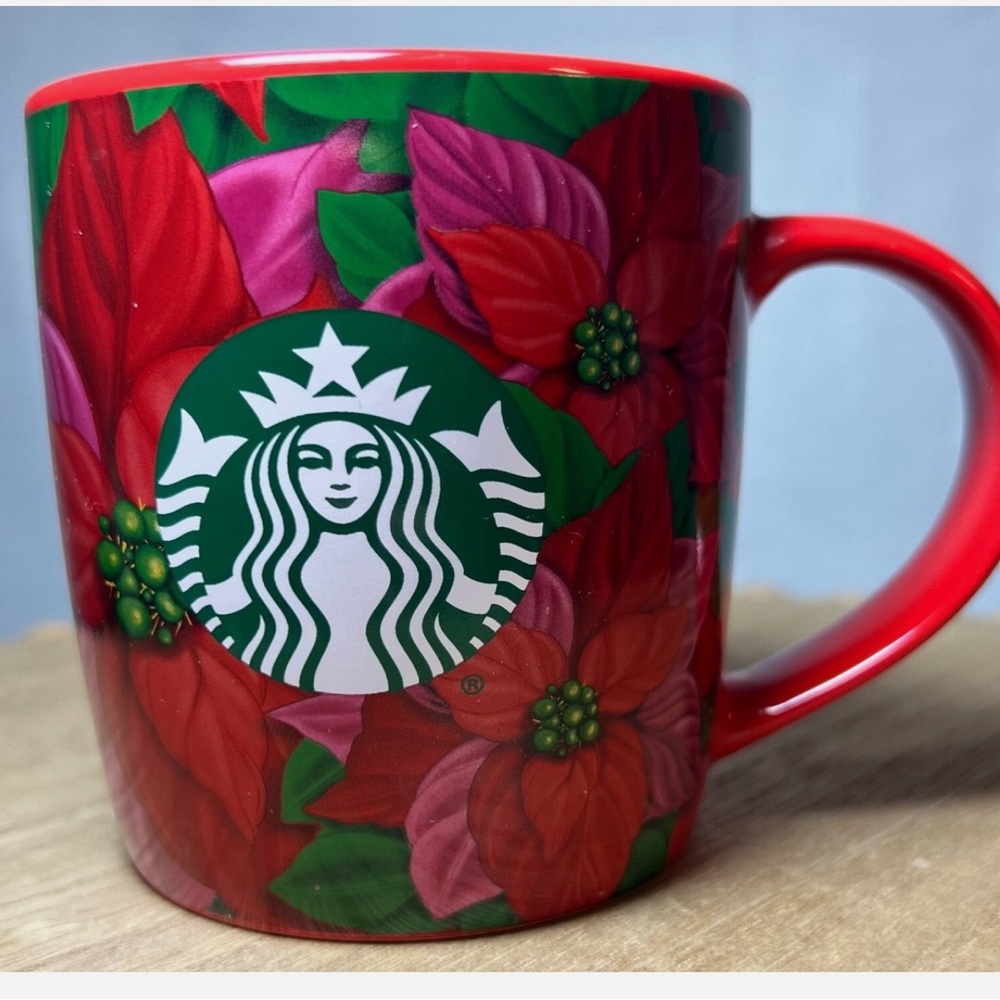 STARBUCKS Poinsettia Ceramic Coffee Mug 12oz Red,Green,Pink Floral, Holiday Cup